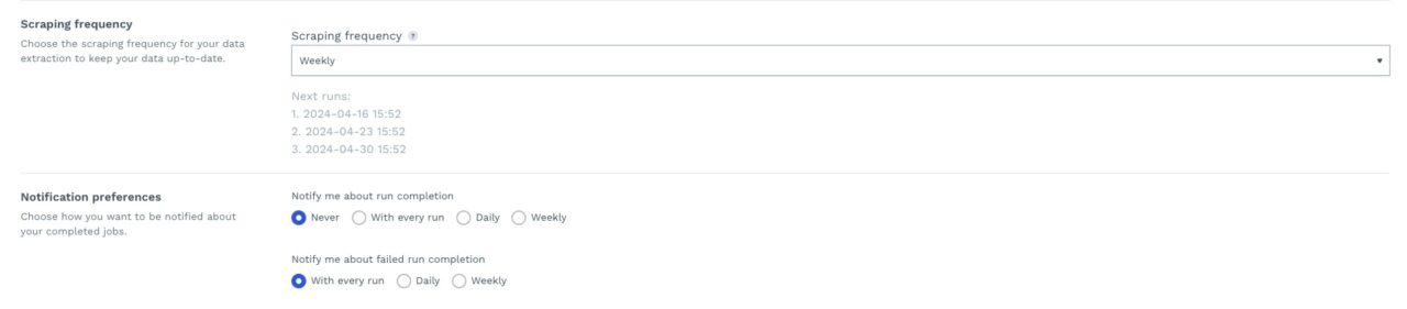 Setting up datapipeline scraping frequency options