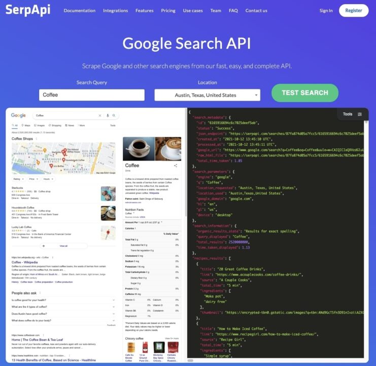 Google search API results for coffee search query