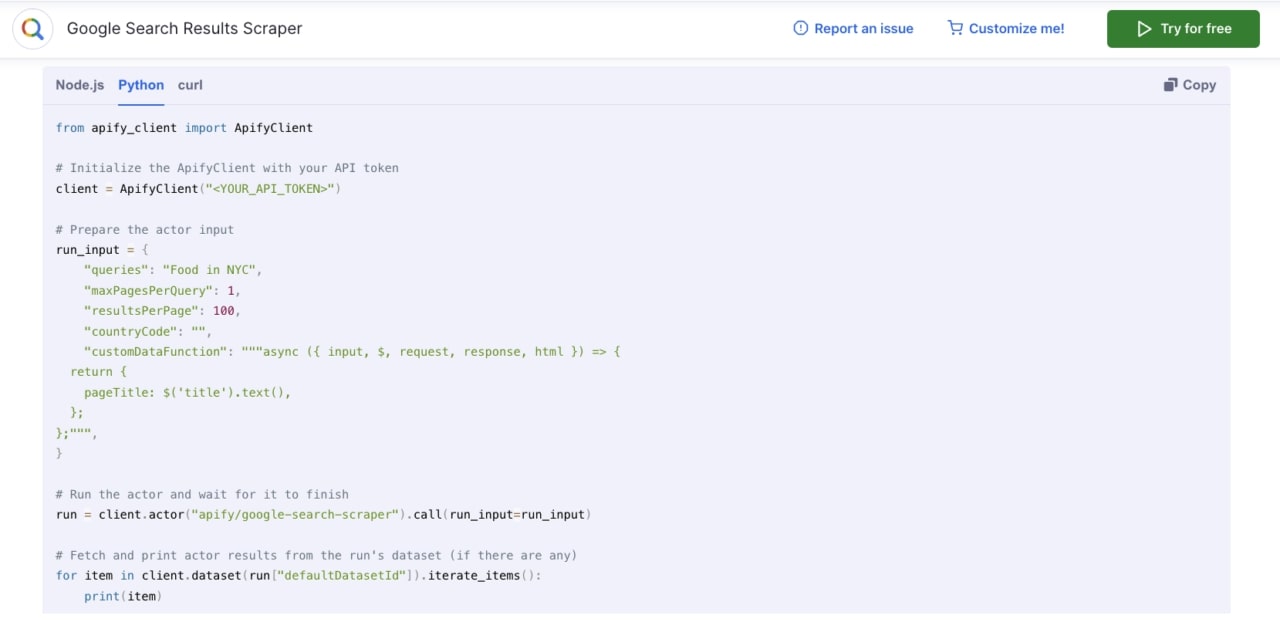 Python code for Google search results scraper using Apify.