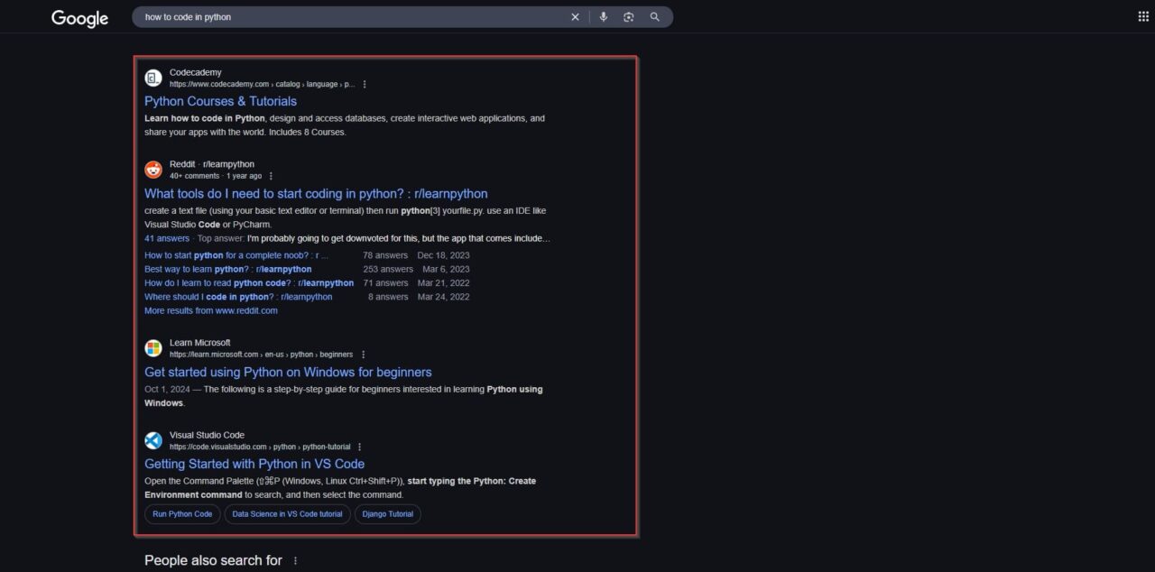Python coding search results on Google