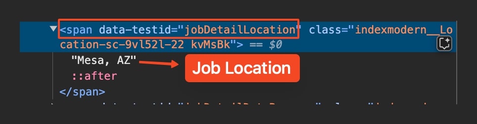 Job location code showing Mesa, AZ in HTML