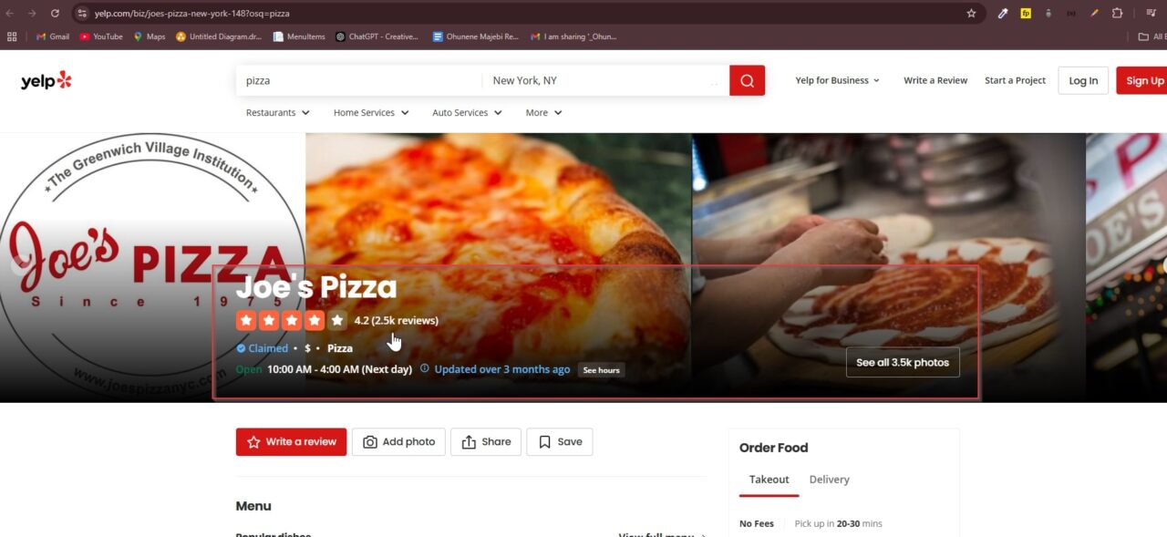 Joe's Pizza Yelp page with restaurant details and pizza images.