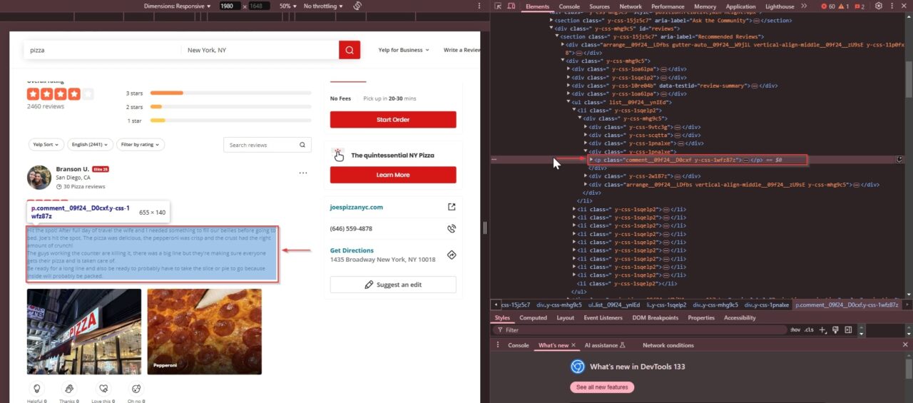Detailed Yelp review of Joe's Pizza with customer comment.
