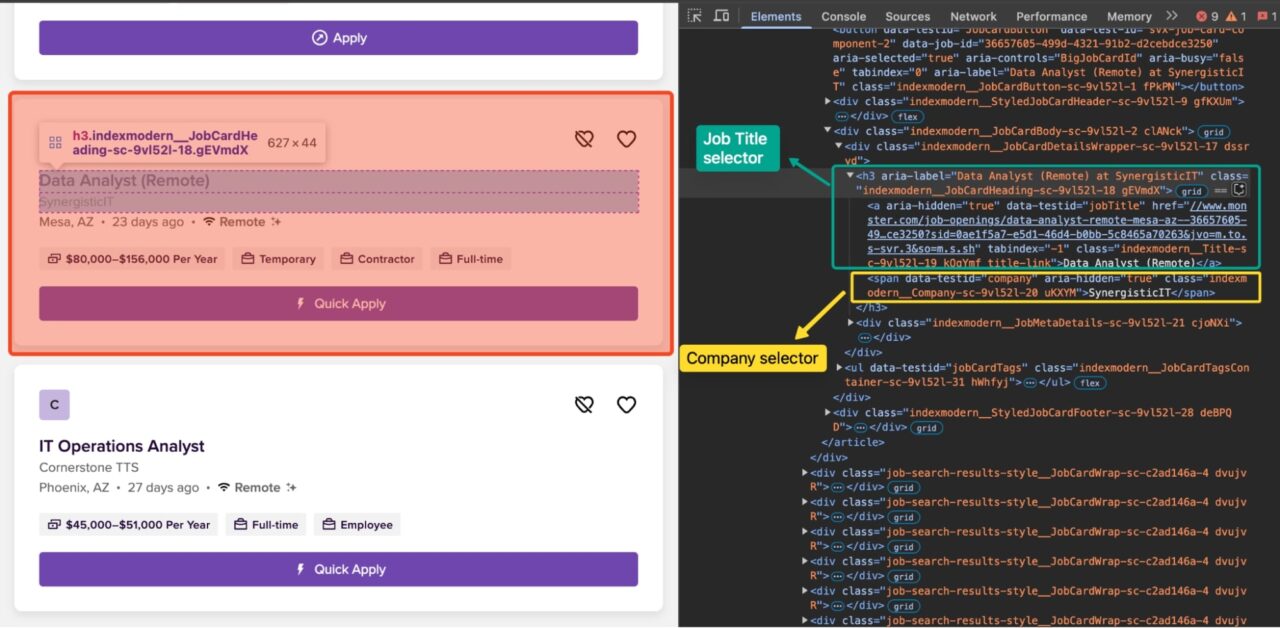 Monster job listing with developer tools open