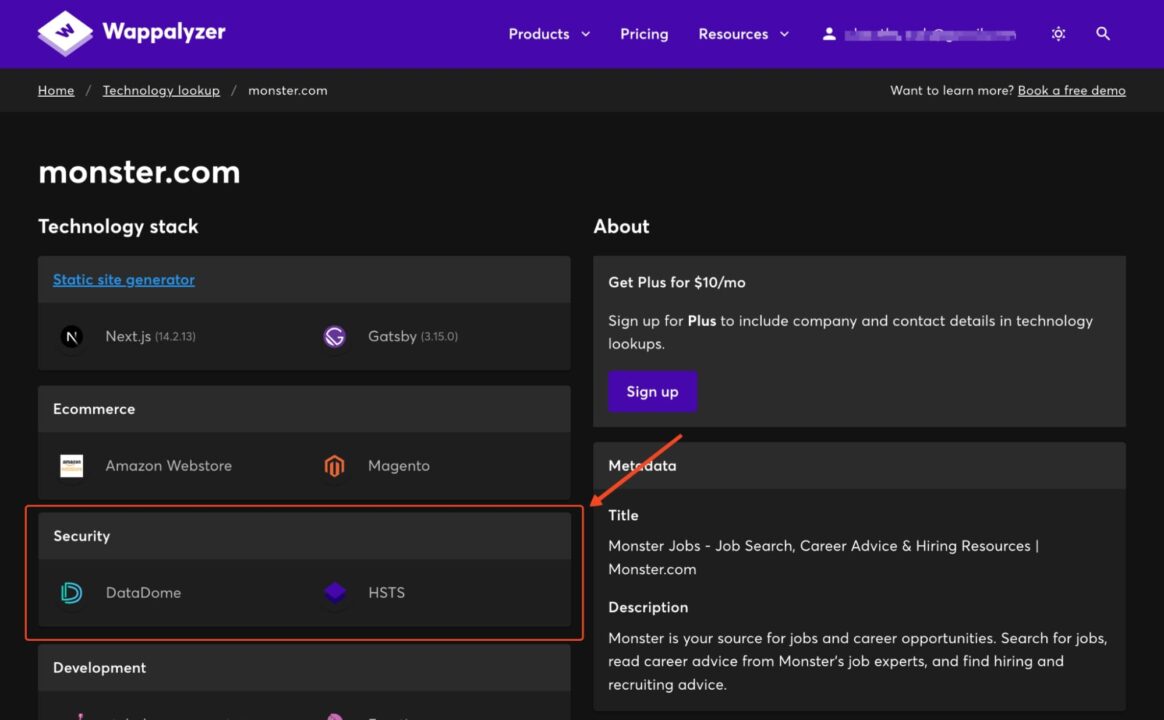 Monster.com technology stack and metadata on Wappalyzer