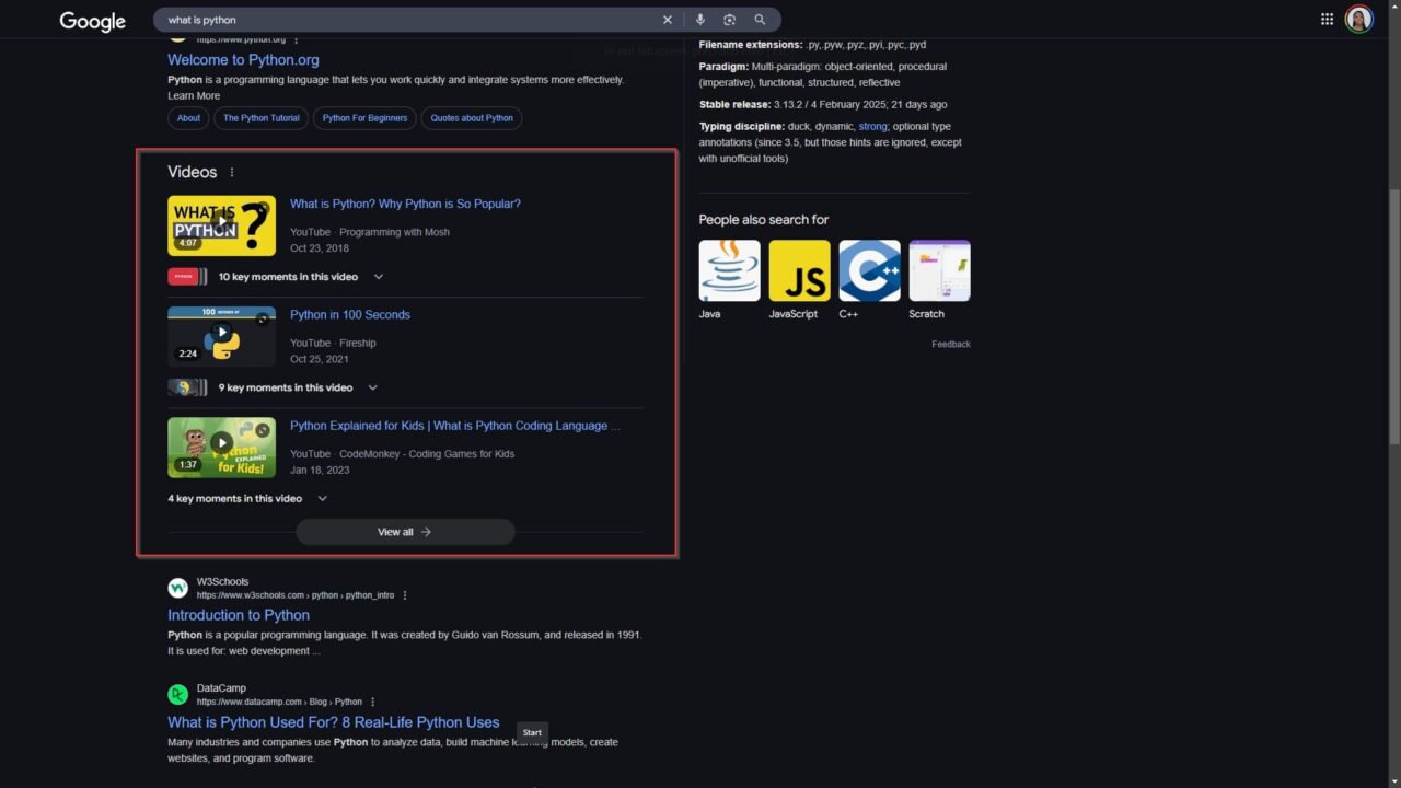 YouTube video results explaining what Python is